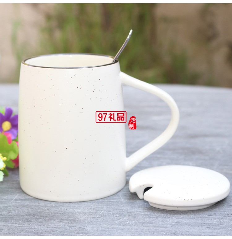 創意色釉陶瓷杯 帶勺子帶蓋子馬克杯 大容量早餐牛奶杯可印logo