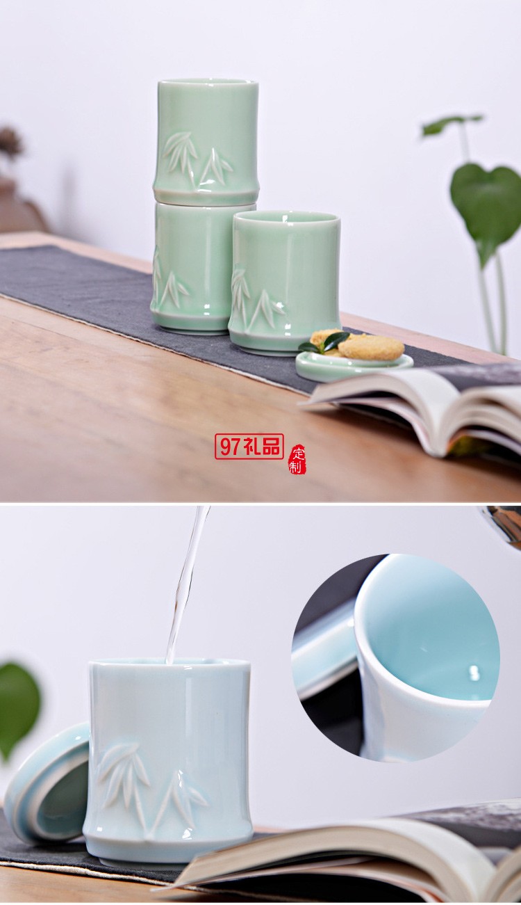 創意竹節杯陶瓷杯三疊杯定制LOGO