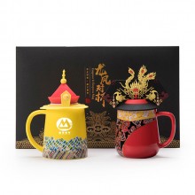 國潮文創陶瓷龍鳳杯套裝純手工杯茶具陶瓷帶蓋泡茶杯送客戶禮品