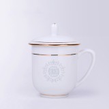 辦公杯批發景德鎮陶瓷杯帶蓋手工描金水杯會議杯碟骨瓷茶杯可定制