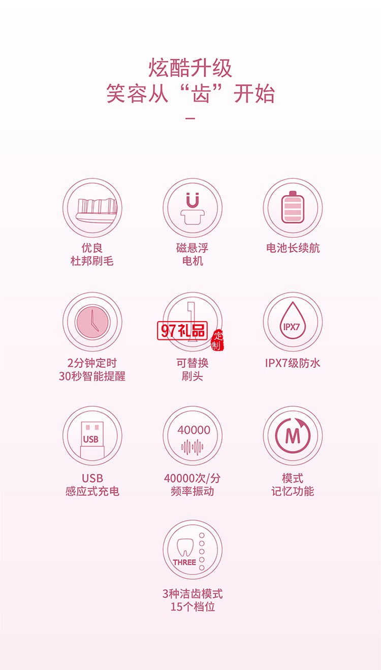 IPX7級防水有效保護產品三段潔齒模式聲波電動牙刷